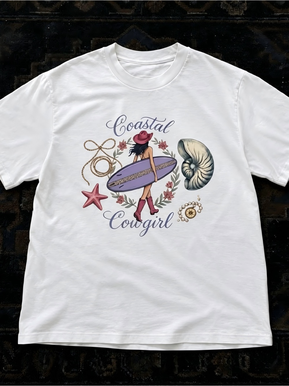 Boho Coastal Cowgirl Seashell Starfish Graphic Womens Mens T-shirt Unisex